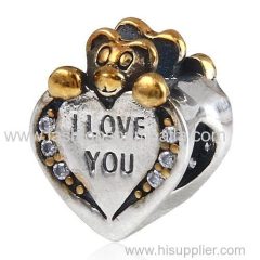 Sterling Silver Gold Plated I Love You Heart Care Bear Beads with CZ Stone