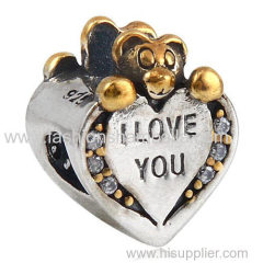 Sterling Silver Gold Plated I Love You Heart Care Bear Beads with CZ Stone