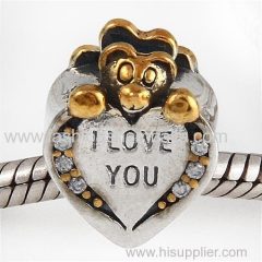 Sterling Silver Gold Plated I Love You Heart Care Bear Beads with CZ Stone