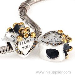 Sterling Silver Gold Plated I Love You Heart Care Bear Beads with CZ Stone