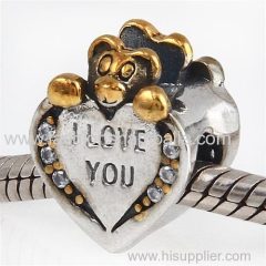 Sterling Silver Gold Plated I Love You Heart Care Bear Beads with CZ Stone