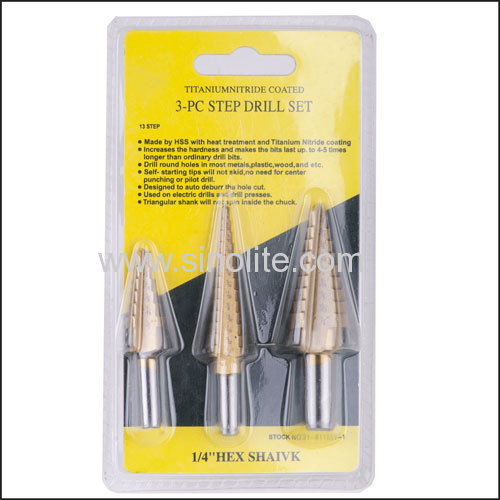 Step drill straight shank titanium nitride coated 3pcs/set 1/16"-1/2" 1/8"-1/2" 1/4"-3/4"