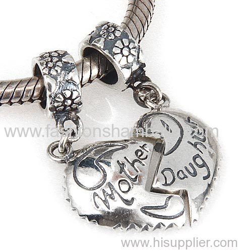 Sterling Silver Dangle Mother Daughter Heart Charms European Style