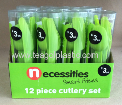 Cutlery set 12PC plastic green 375C in display box packing
