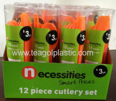 Cutlery set 12PC plastic orange 151C in display box packing