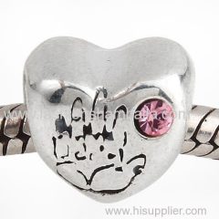Antique Sterling Silver IT IS A GIRL Heart Beads with Pink Austrian Crystal