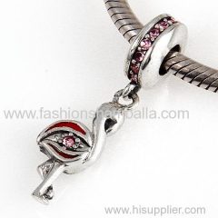 European Sterling Silver Dangle Flamingo with Light Rose Austrian Crystal Charm