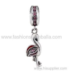 European Sterling Silver Dangle Flamingo with Light Rose Austrian Crystal Charm