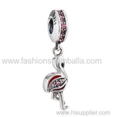 European Sterling Silver Dangle Flamingo with Light Rose Austrian Crystal Charm