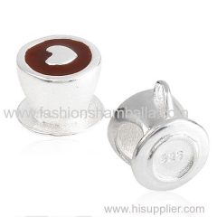 Sterling Silver Heart Cup with Coffee Enamel Charm Beads