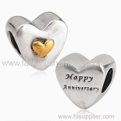 Special Design Antique Sterling Silver Happy Anniversary Gold Plated Heart Charm Beads