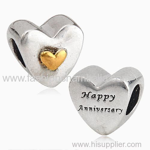 Special Design Antique Sterling Silver Happy Anniversary Gold Plated Heart Charm Beads