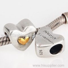 Antique Sterling Silver Happy Anniversary Gold Plated Heart Charm Beads