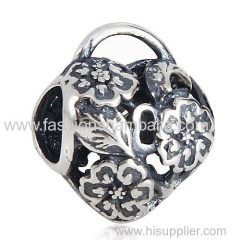 European Style Sterling Silver Floral Heart Padlock Beads