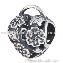 European Style Sterling Silver Floral Heart Padlock Beads