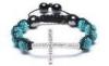 Shamballa Aquamarine Crystal Argil Beaded Cuff Bracelets with Silver Plated Brass Cross