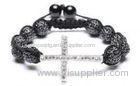Cross Bracelet,Black Crystal Pave Alloy Beads, Agate Faceted Rounds
