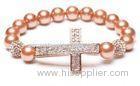 Alloy Cross Beaded Cuff Bracelets with Pink Shell Pearl Rounds, Crystal Pave Argil Beads