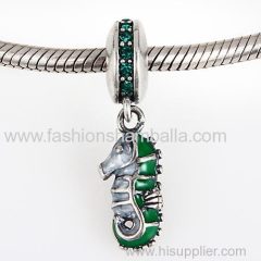 European Sterling Silver Dangle Tropical Seahorse with Emerald Austrian Crystal Charm