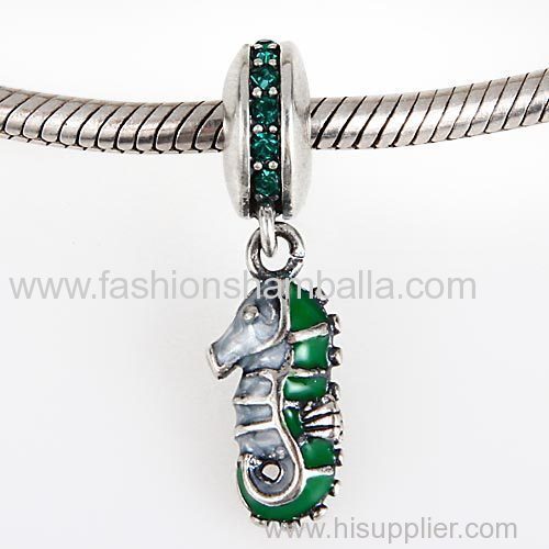 Wholesale European Sterling Silver Dangle Tropical Seahorse with Emerald Austrian Crystal Charm