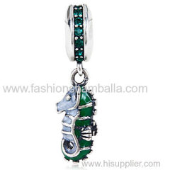 European Sterling Silver Dangle Tropical Seahorse with Emerald Austrian Crystal Charm