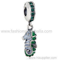 European Sterling Silver Dangle Tropical Seahorse with Emerald Austrian Crystal Charm