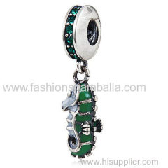 European Sterling Silver Dangle Tropical Seahorse with Emerald Austrian Crystal Charm