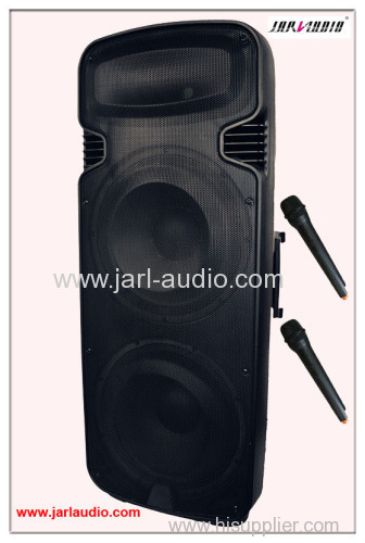 dual 15inch battery speaker with wireless microphone/lcd screen/ high power