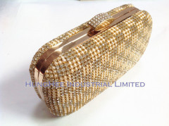 Crystal Rhinestone and Faux White Pearl Covered Evening Clutch Bags Handbag Purses in Gold Base HHJ-1013