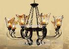 Black 8 Light Home Decorative Wrought Iron Chandelier With Amber Glass Shade