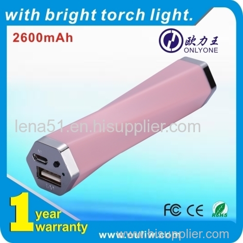 Ultra-Compact Power Bank 2600 mAh Pink Rechargeable Mobile Phone Charger with LED Torch for Mobile Devices