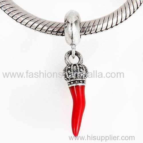European Sterling Silver Dangle Corno with Red Enamel Charm