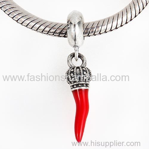 European Sterling Silver Dangle Corno with Red Enamel Charm Wholesale