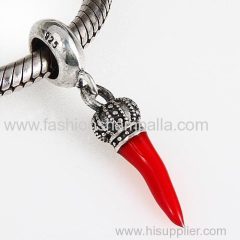 European Sterling Silver Dangle Corno with Red Enamel Charm