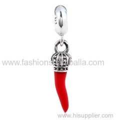 European Sterling Silver Dangle Corno with Red Enamel Charm