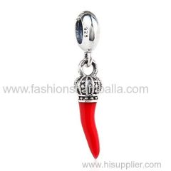 European Sterling Silver Dangle Corno with Red Enamel Charm