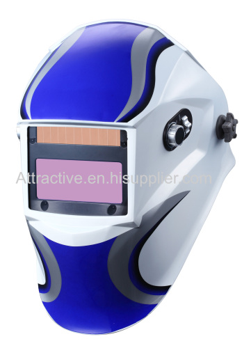 Auto-darkening welding helmet OEM Logo design outside control knobs with 4 arc-sensor viewing area 98×43mm/3.86''×1.69''