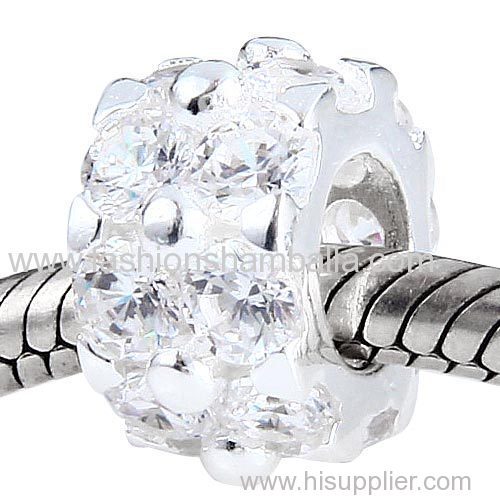 Sterling Silver European Style Charm Beads with Clear CZ Stone