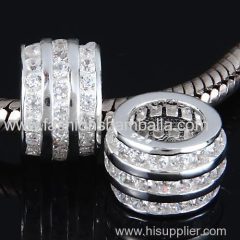 Silver European Style Charm Beads with Clear CZ Stone