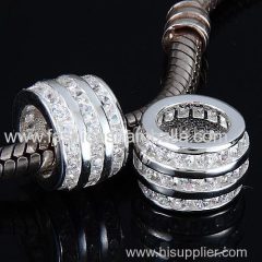 Silver European Style Charm Beads with Clear CZ Stone