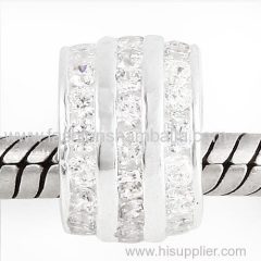 Silver European Style Charm Beads with Clear CZ Stone