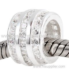 Silver European Style Charm Beads with Clear CZ Stone