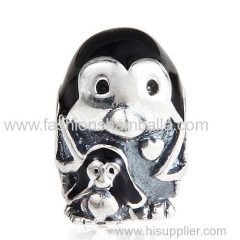 Sterling Silver Penguin Family with Black Enamel Beads European Style