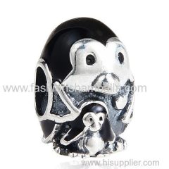 Sterling Silver Penguin Family with Black Enamel Beads European Style