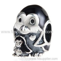 Sterling Silver Penguin Family with Black Enamel Beads European Style