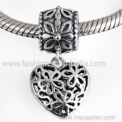 European Sterling Silver Dangle Flower Heart Charm