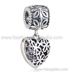European Sterling Silver Dangle Flower Heart Charm