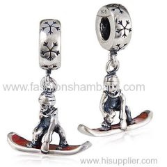 European Sterling Silver Dangle Snowboarder with Red Enamel Charm Beads