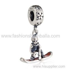 European Sterling Silver Dangle Snowboarder with Red Enamel Charm Beads