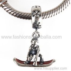 European Sterling Silver Dangle Snowboarder with Red Enamel Charm Beads